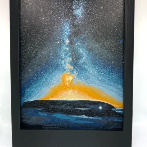 A filament painting of the Calf of Man with the sun setting in the background and stars taking over the sky