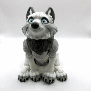 Tundra the wolf fidget toy 3d printed sat facing camera